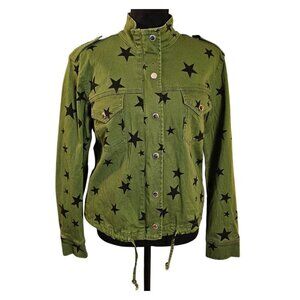 Joujou Military-Style Star Print Jean Jacket Drawstring Hem Shoulder Epaulets S